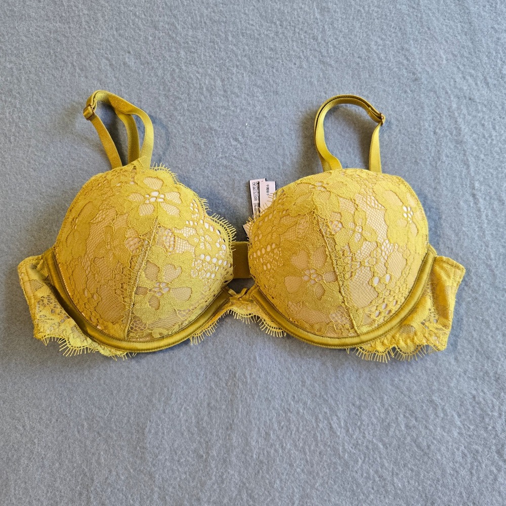 Victoria's Secret PushUp Bra Women 34B Yellow Dream Angels Floral Lace Underwire